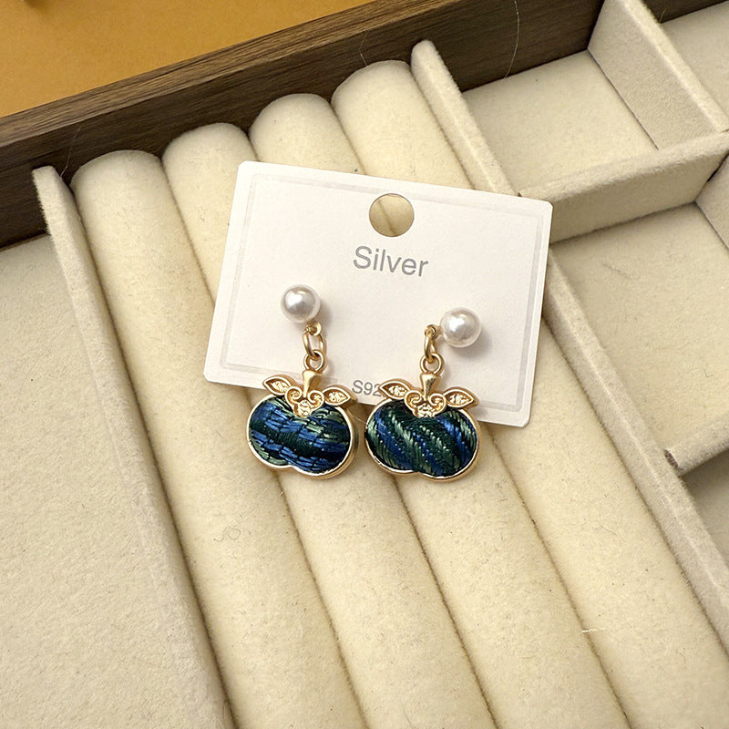 Style Song Dynasty Brocade Lucky Persimmon Sier Needle Ancient Auricular Earrings