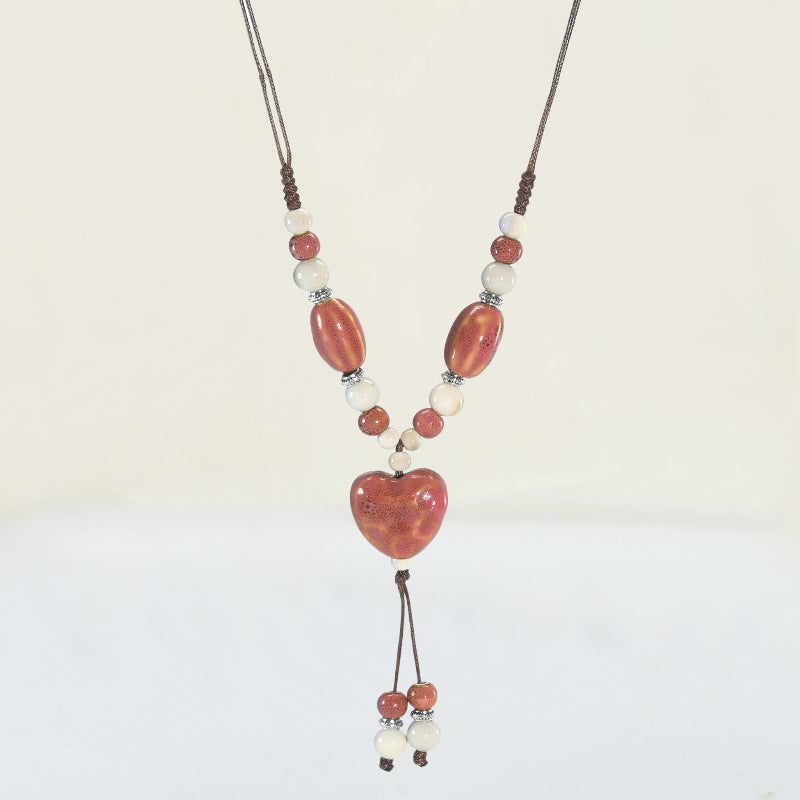 Women's Ethnic Style Love Sweater Chain Long Hand-woven Adjustable Peach Heart Necklace