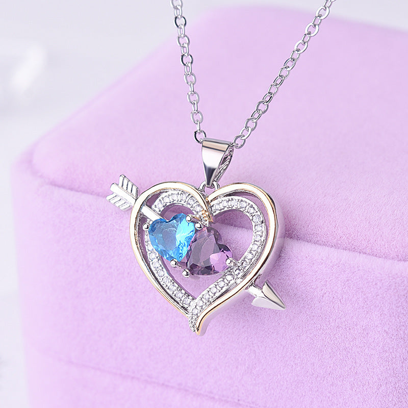 Women's Love Heart-shaped Two-color Full Diamond Sier Pendants