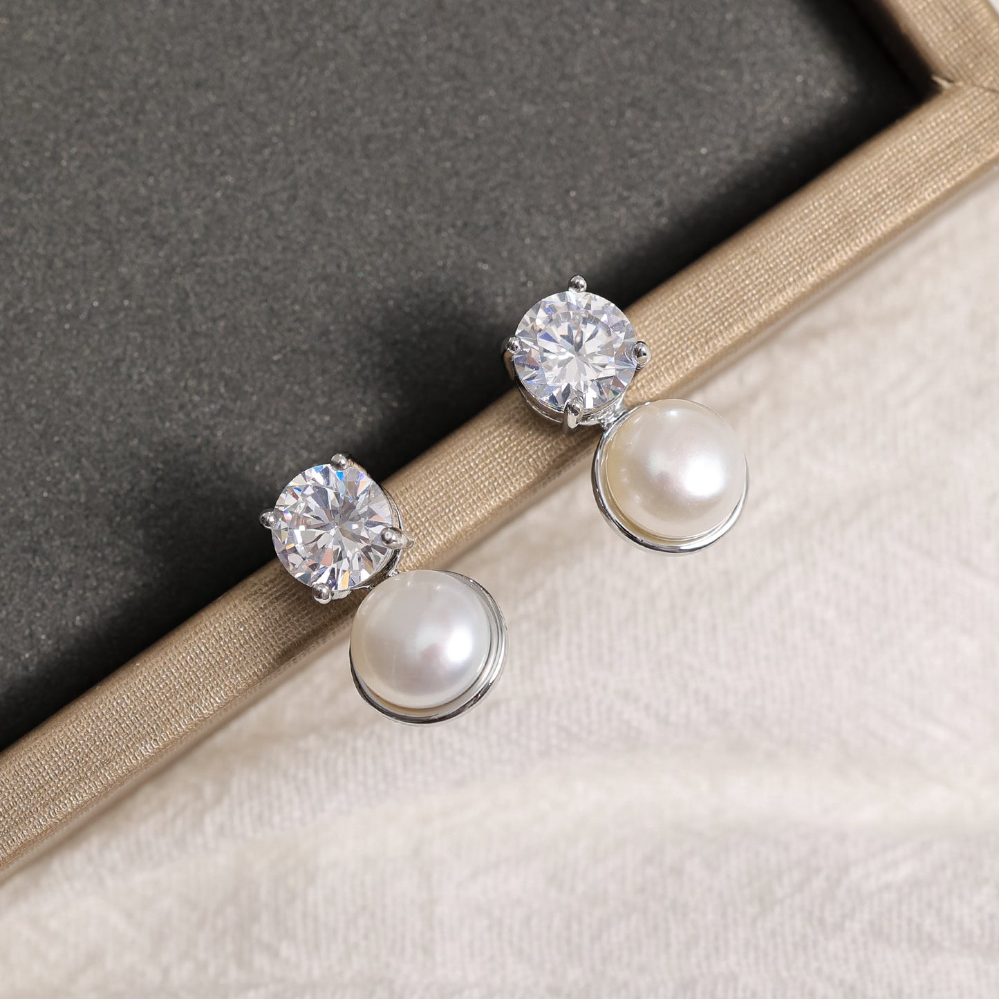 Freshwater Pearl Heart Butterfly Zircon Real Gold Electroplated Earrings