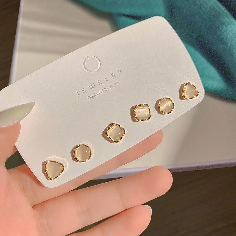 Women's Three Pairs Storage Ear Daily Opal Simple Geometric Earrings