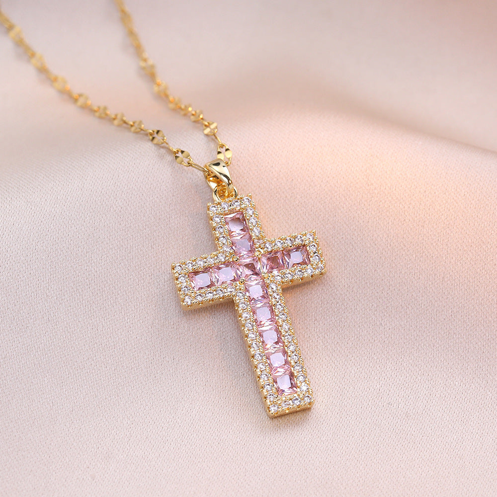 Women's Female Zircon Cross Simple Design Necklace