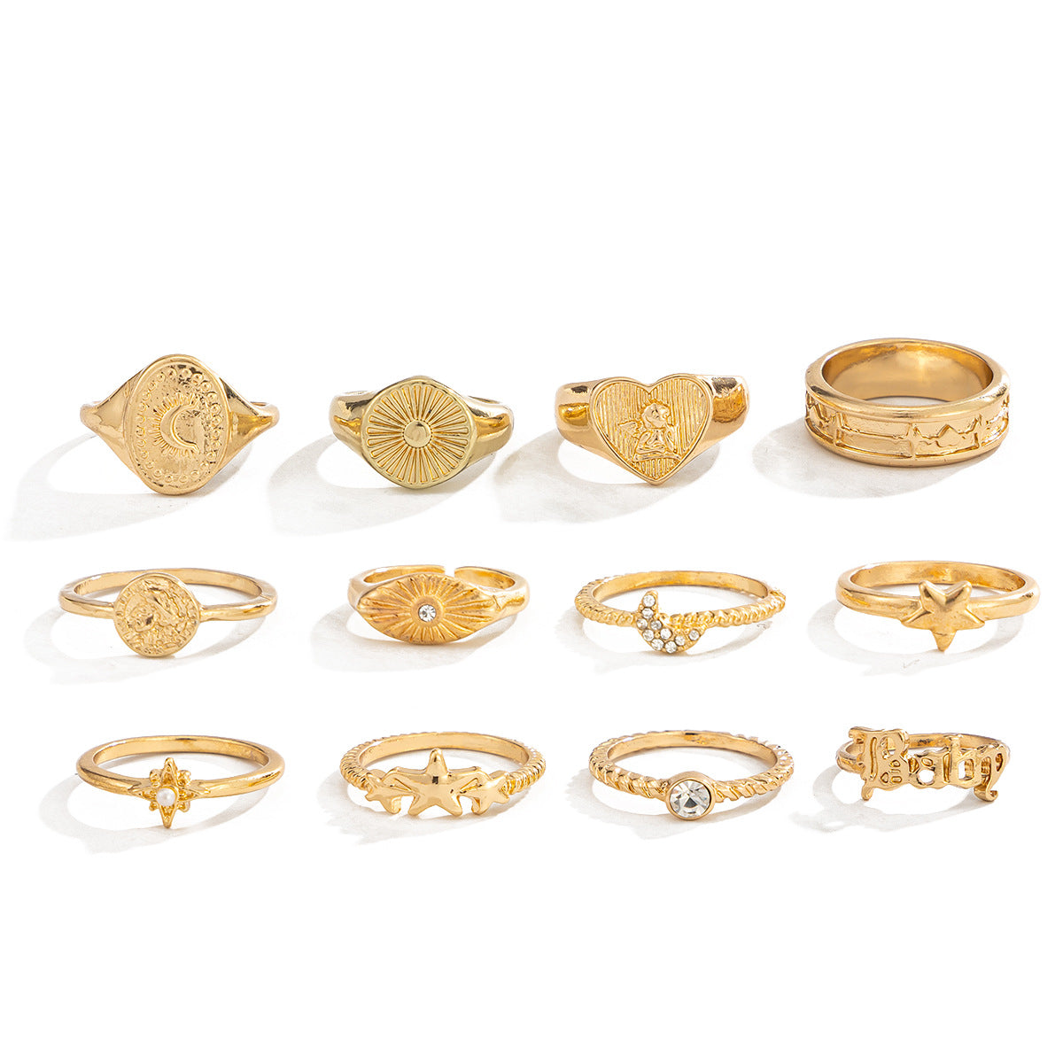 Retro Diamonds Stacked Fashion Geometry Pattern Metal Heart Ring