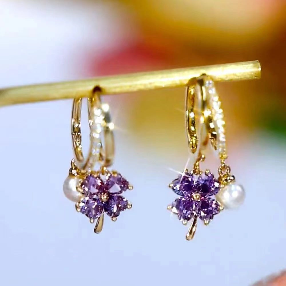 Red Zircon Maple Leaf Artificial Pearl Female Earrings