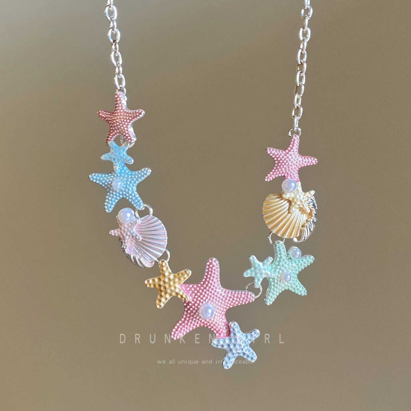 Colorful Starfish Shell Female Seaside Vacation Clavicle Chain Earrings