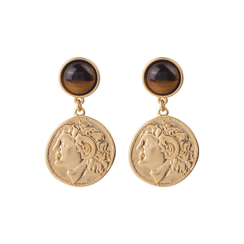 Women's Embossed Inlaid Gold Coin Light Luxury High Earrings
