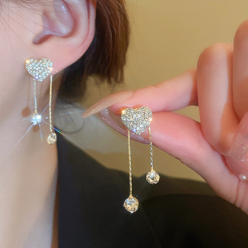 Women's Sier Pentagram Shiny Diamond Tassel Bow Earrings