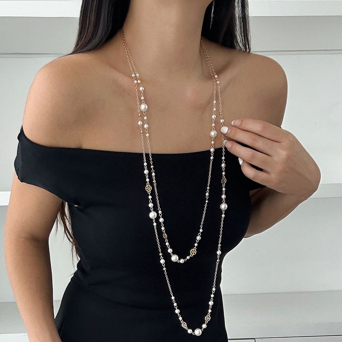 Ornament Style Stringed Pearls Long Design Necklaces