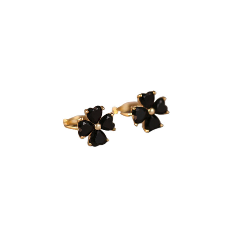 Women's Korean Style Niche Temperament Black Zircon Four-leaf Earrings