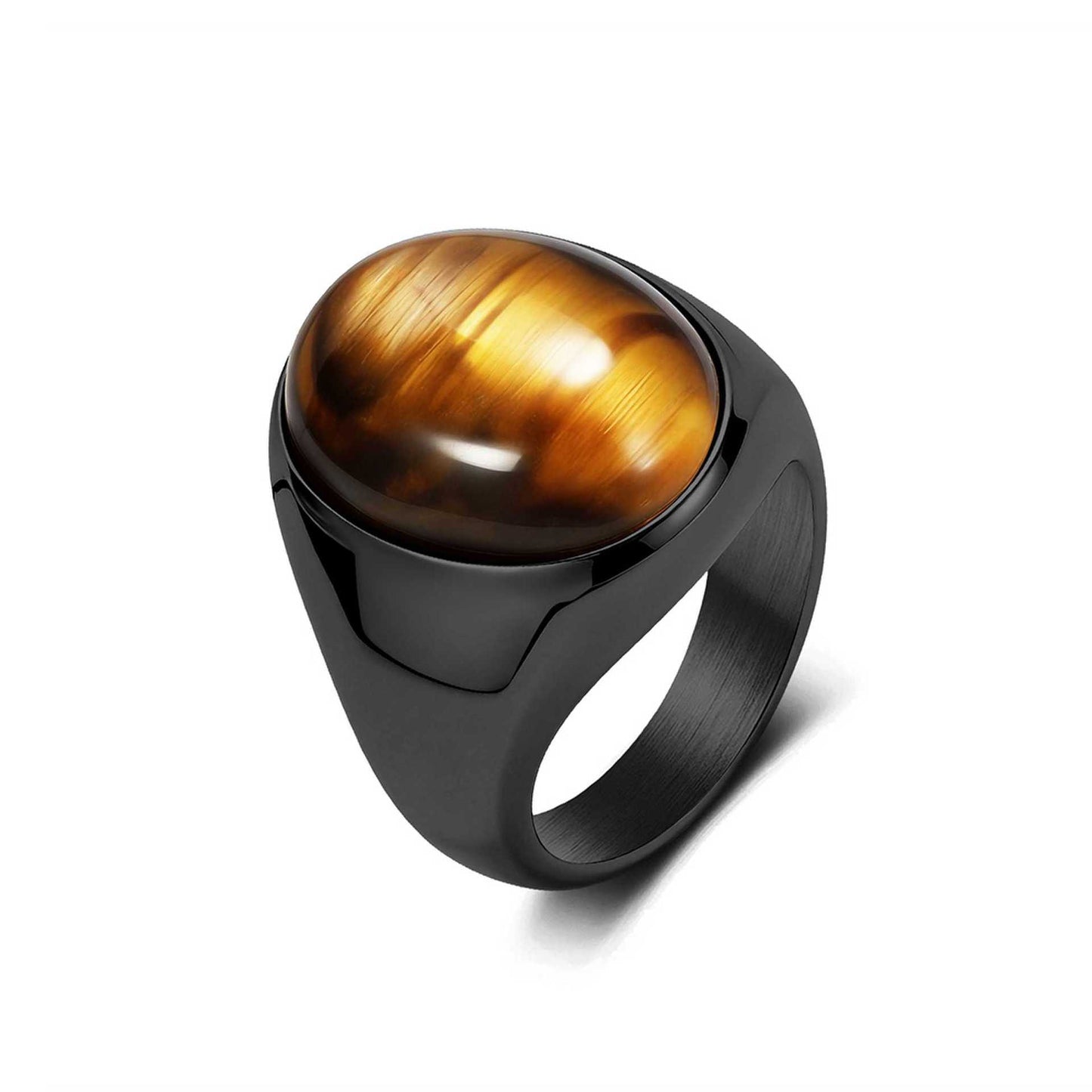 Simple Glossy Titanium Steel Mosaic Oval Tigereye Niche High Sense Rings