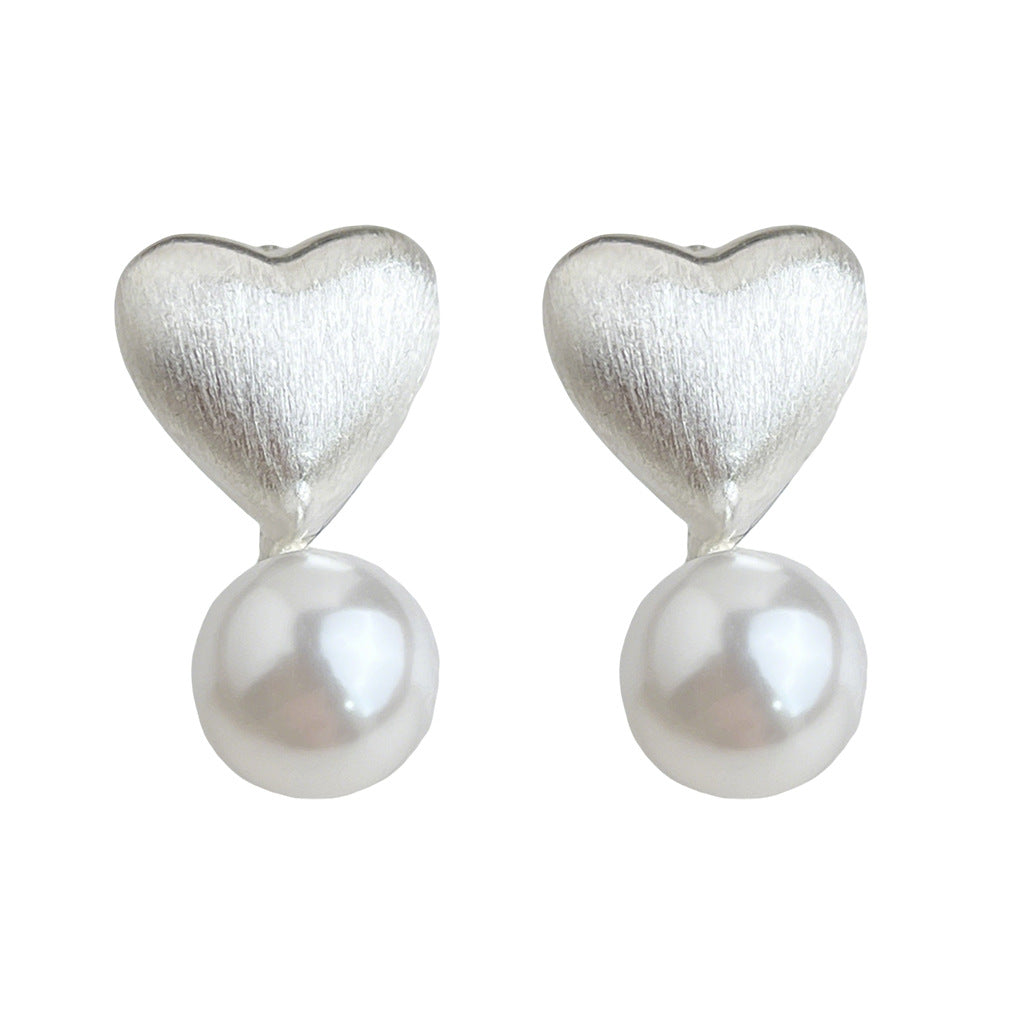 Brushed Textured Glass Pearl Heart-shaped Ear Simple Graceful Fashion Commuter Stud Earrings