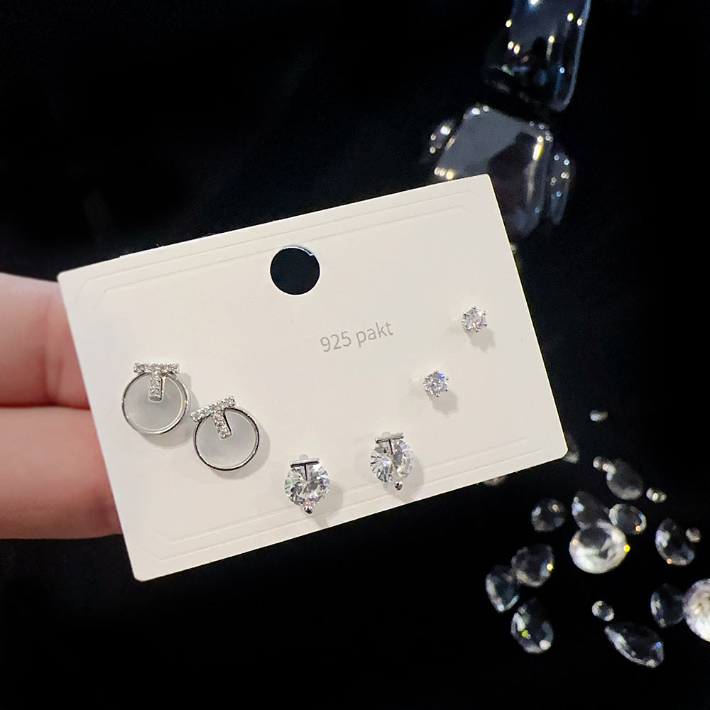 One Card Three Pairs Sier Needle Earrings