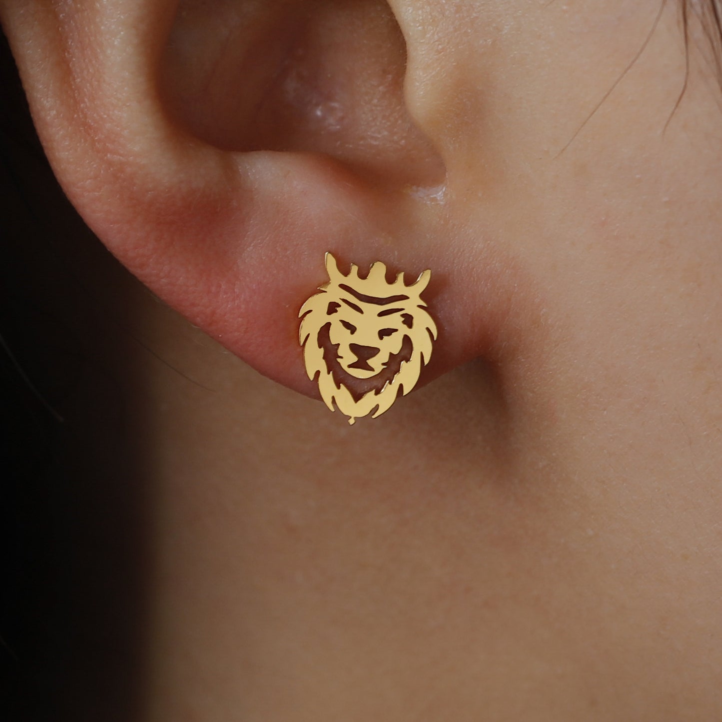 Women's Cut Titanium Steel Hollow Lion's Head Earrings