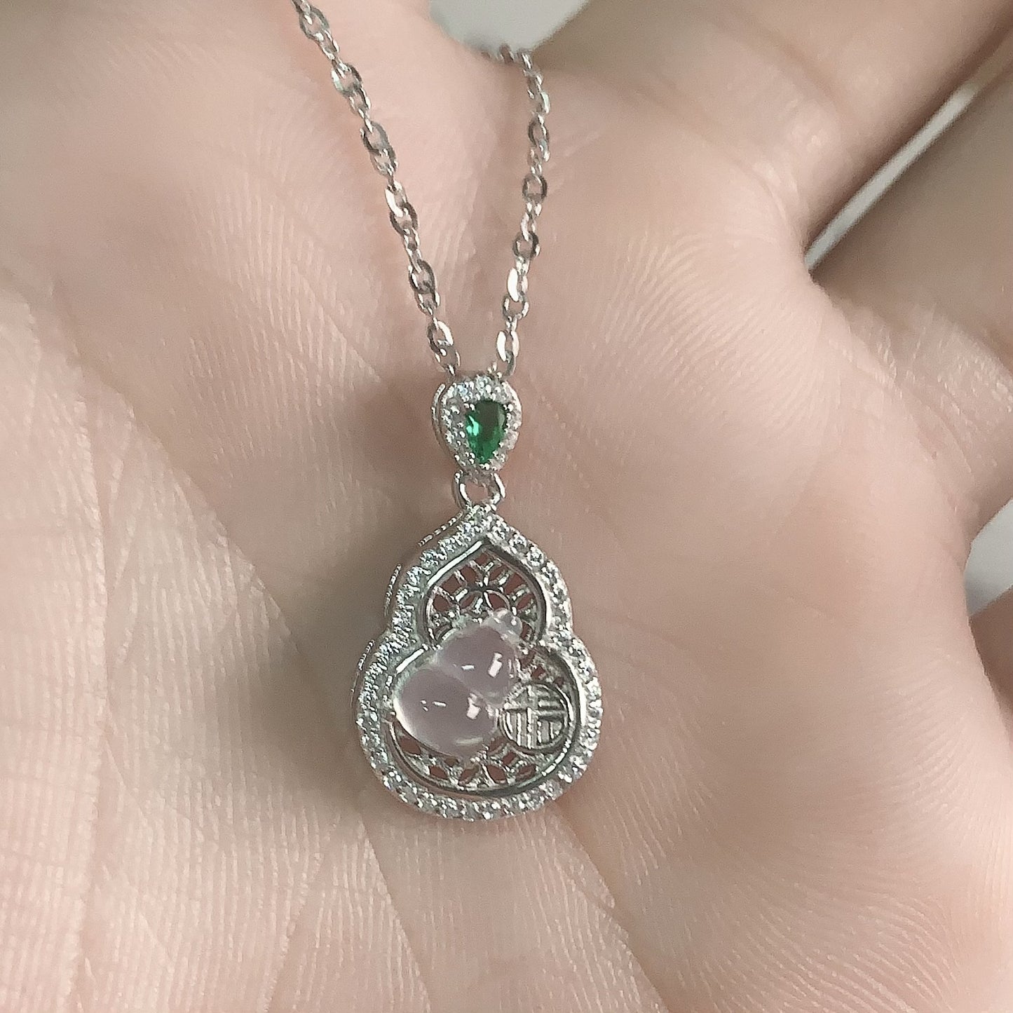Women's Sier Natural Emerald Fu Character Gourd National Fashion Necklaces