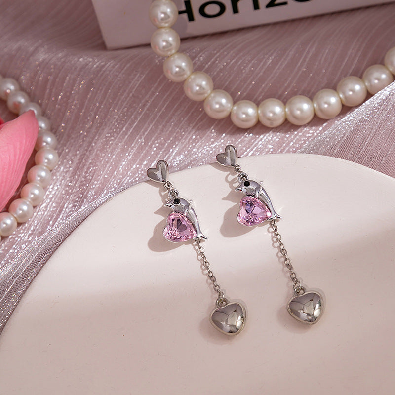 Sier Needle Pink Rabbit Dolphin Love Heart Design Sense Cartoon Earrings