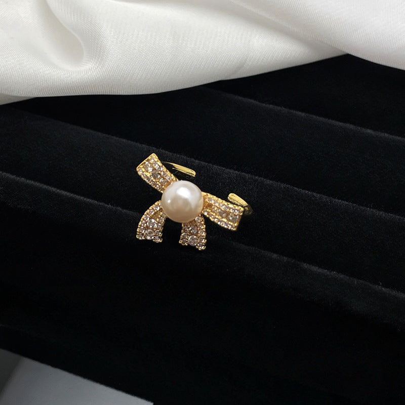 Sweet Cool Bow Open-end Pearl Female Korean Rabbit Rings