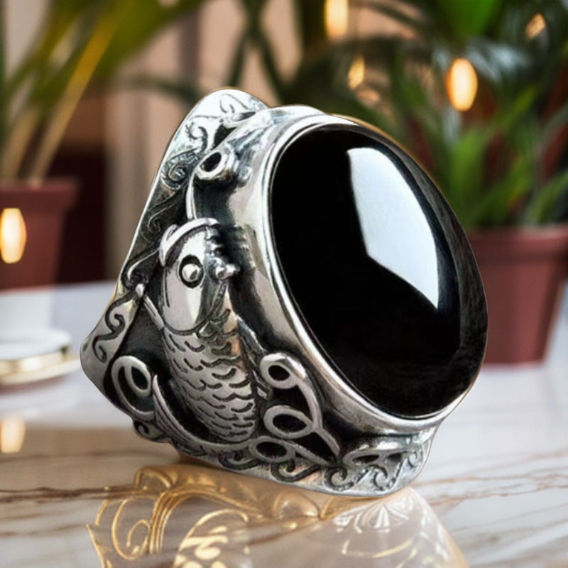 Men's Vintage Koi Domineering Thai Sier Niche Pisces Ruby Rings