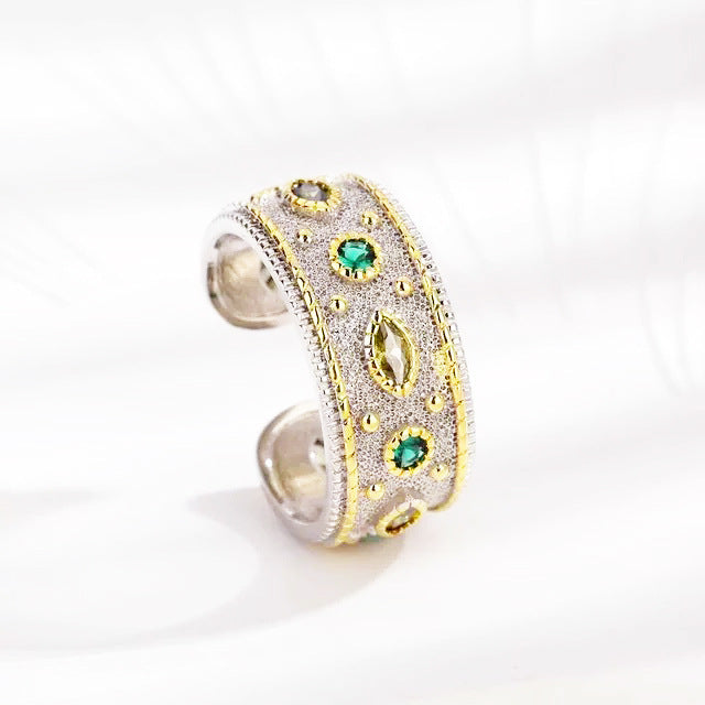 Women's Lux Colored Gems Black Enamel Craft Diamond Emerald Antique Rings