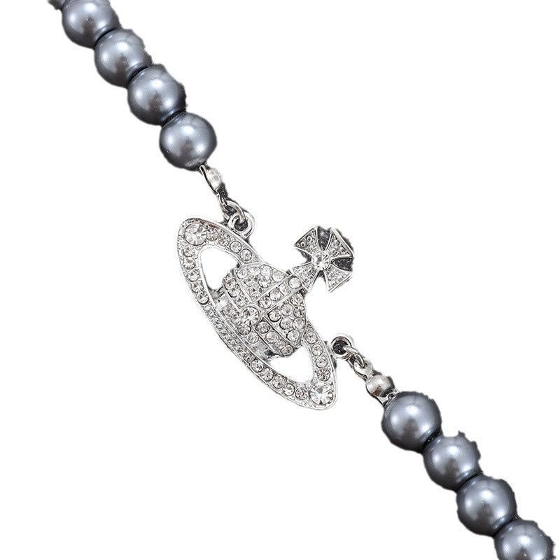 Gray Pearl Jeweled Design Sweater Chain Pendants