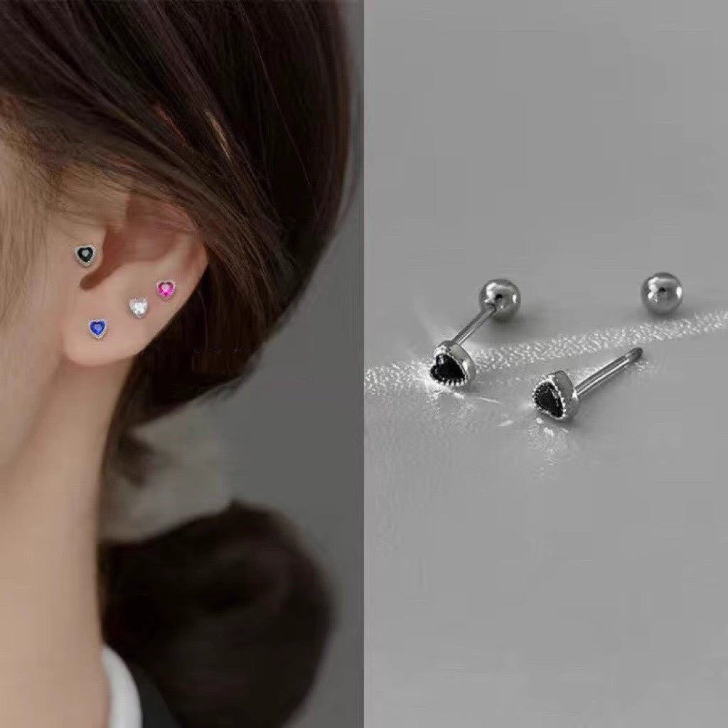 Women's Sterling Sier Screw Tightening Buckle Colorful Crystals Love Ear Bone Stud Earrings