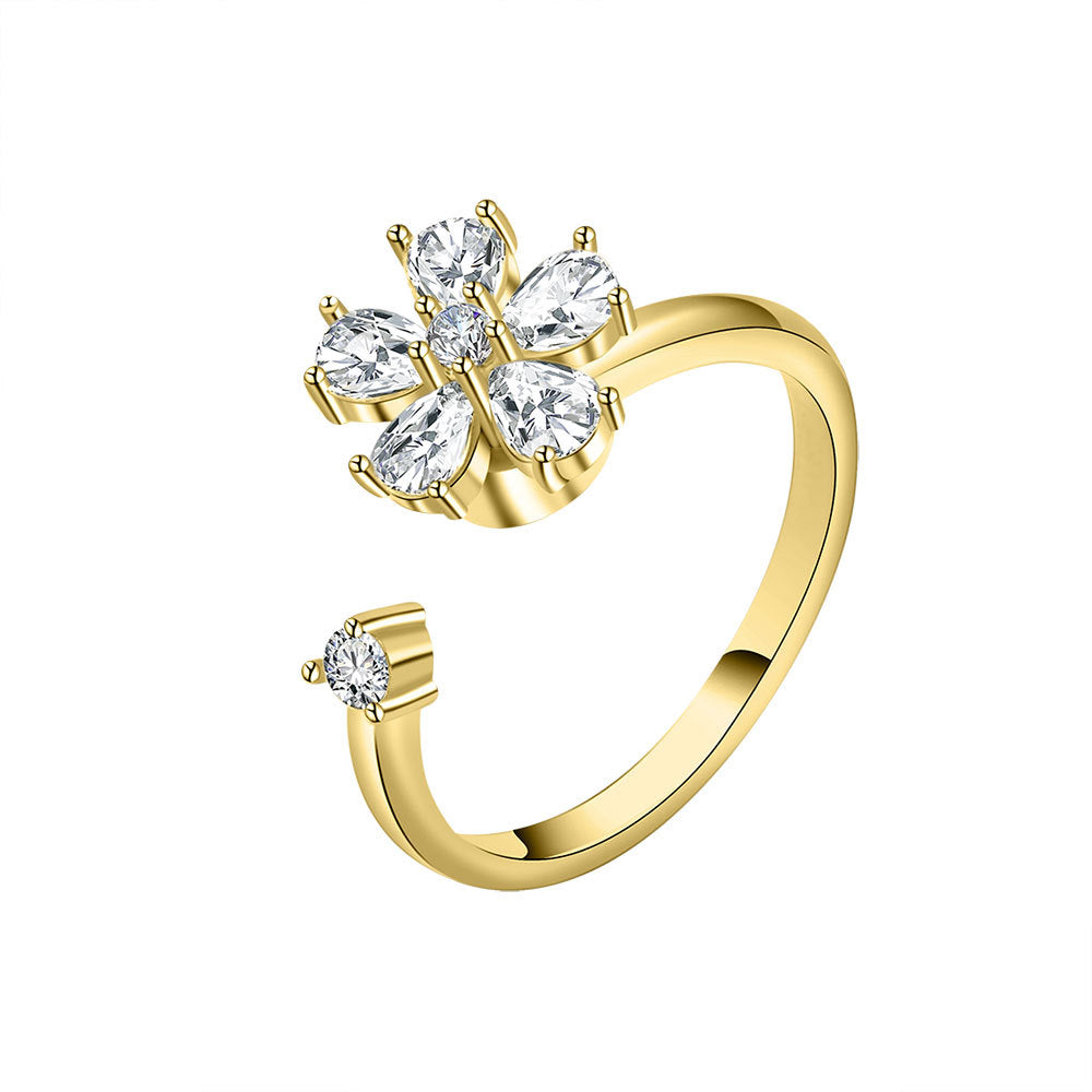 Micro Rhinestone Lucky Four Leaf Grass Rotatable Rings