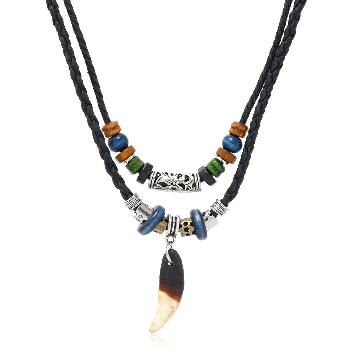 Men's Leather Personalized Retro Double Layer Wolf Tooth Necklace