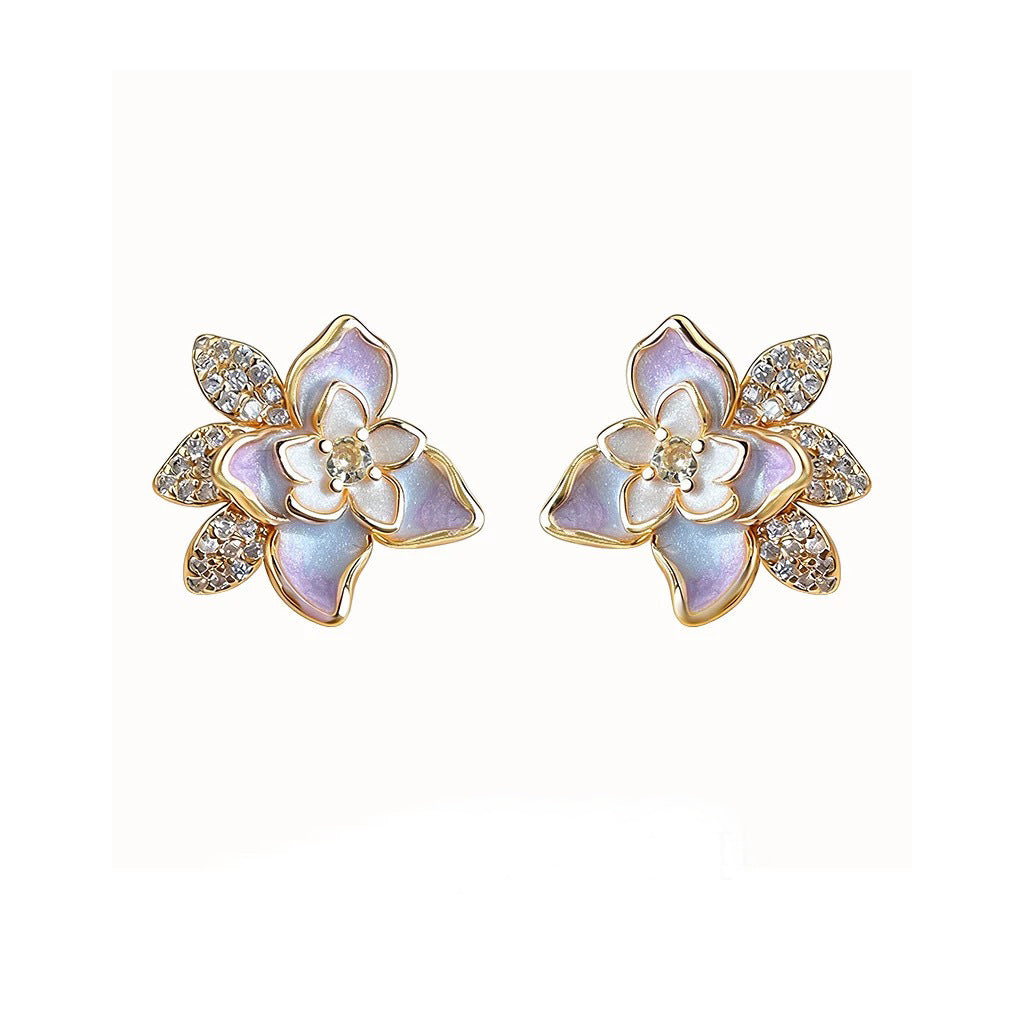Enamel Painted Hand Painting Design Three-dimensional Flower Camellia Stud Earrings