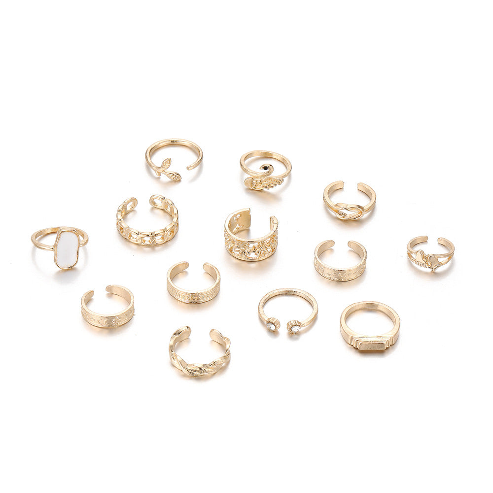 Fishtail Swan Floral Chain Love Moon Pattern Ring