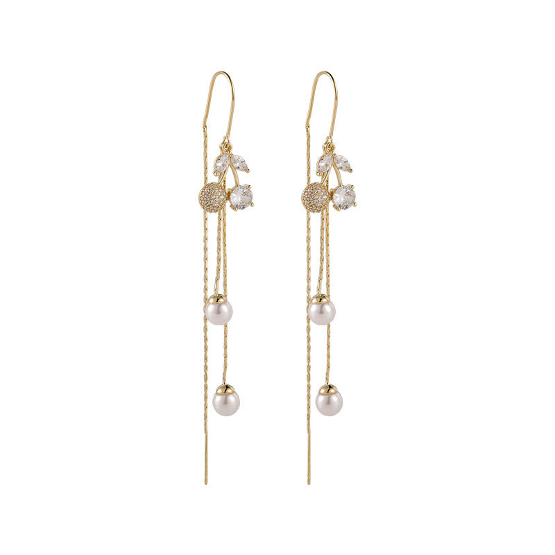 Sweet Cherry Fashionable Elegant High-grade Long Face Slimming Pearl Tassel Earrings