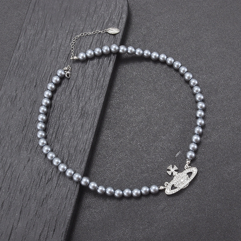 Gray Pearl Jeweled Design Sweater Chain Pendants