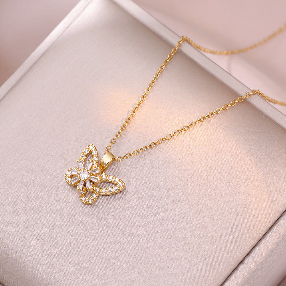 Women's Fashionable Butterfly Three-piece Rotating Micro Inlaid Zircon Necklaces