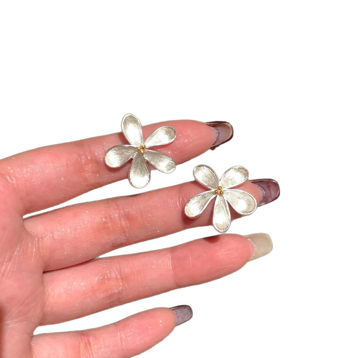 Sier Flower Seaside Vacation Style Matte Petal Ear Accessory Stud Earrings
