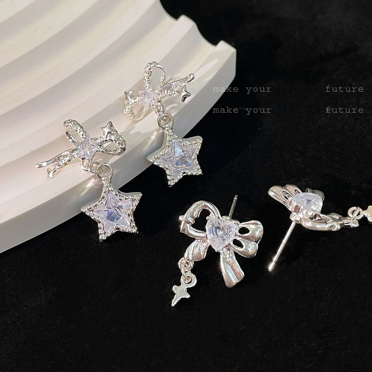 Bow Female Sier Needle Niche Design Earrings