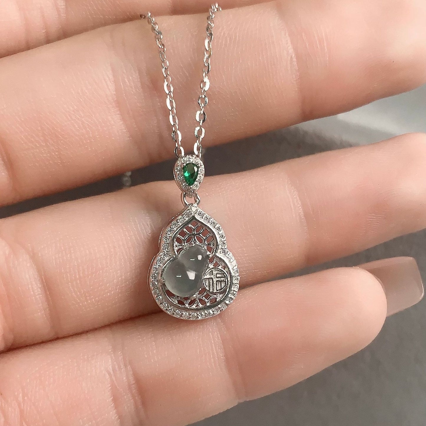 Women's Sier Natural Emerald Fu Character Gourd National Fashion Necklaces