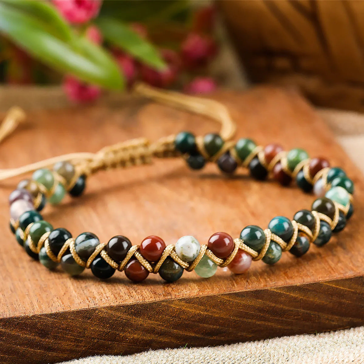 Colorful Tigereye Round Beads Hand-woven Adjustable Bracelet