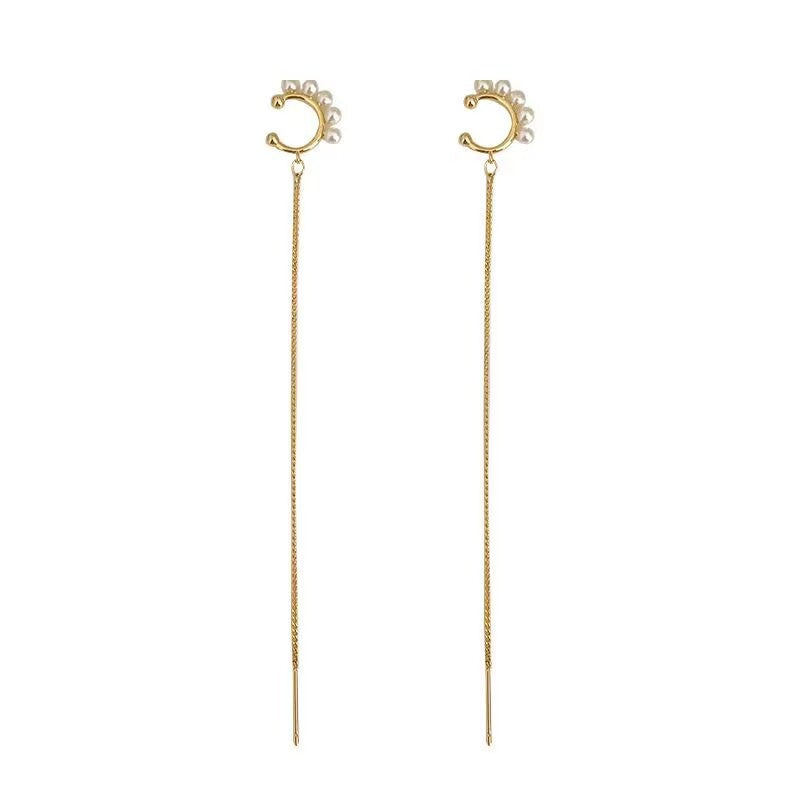 Korean Style Sier Personality Simple Chain Female Small Pearl Temperamental Earrings