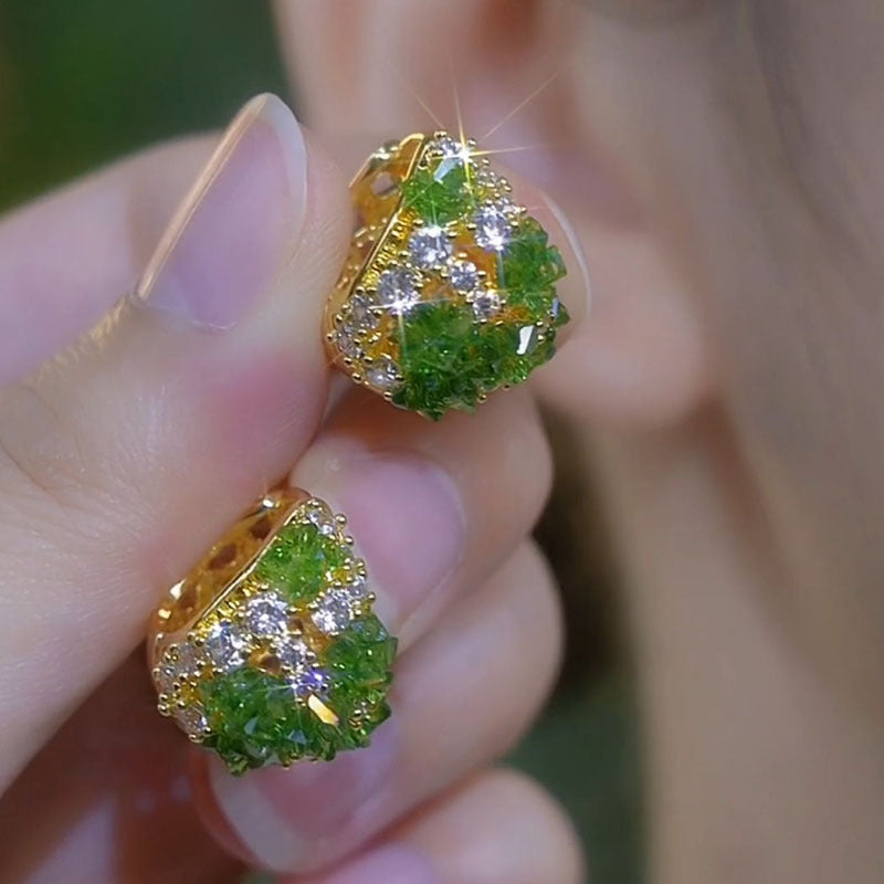 Summer Fresh Green Full Diamond Flower Basket Clip Trendy Niche Ear Buckle