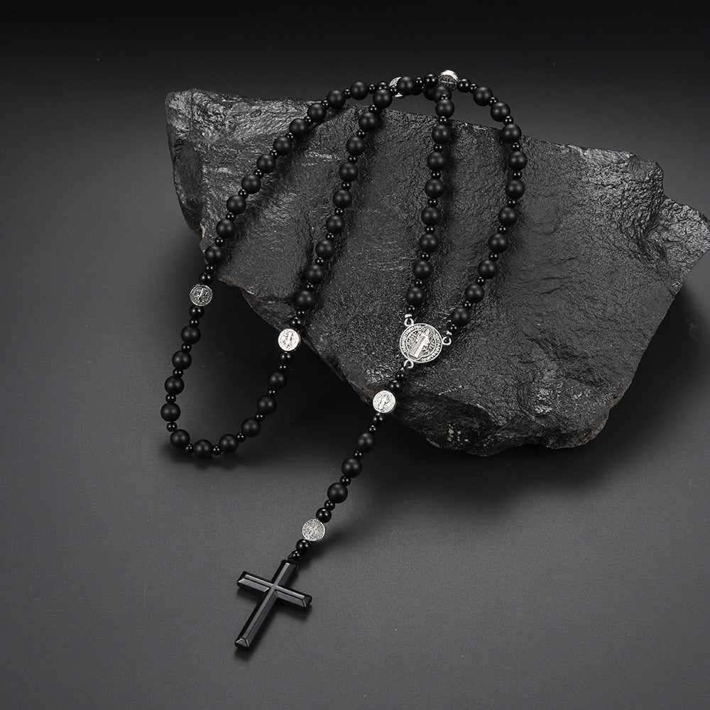 Men's Black Volcanic Rock Haematite Alloy Benedict Religious Necklaces