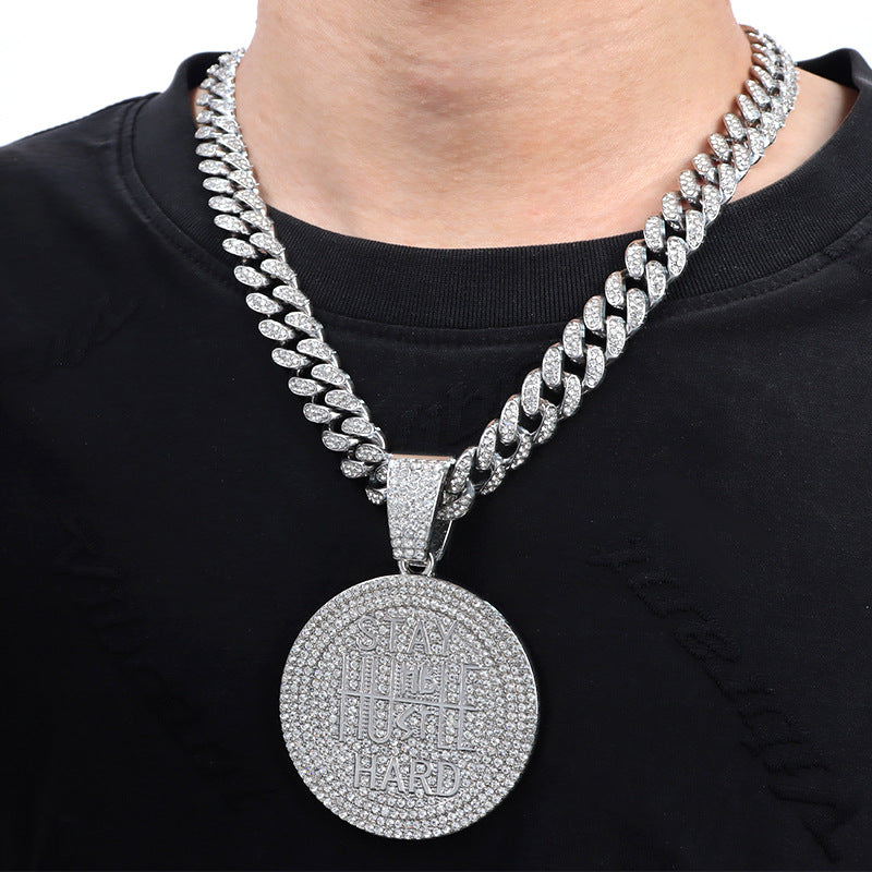 Men's Keep Strong Letter Round Plate Full Diamond Necklaces