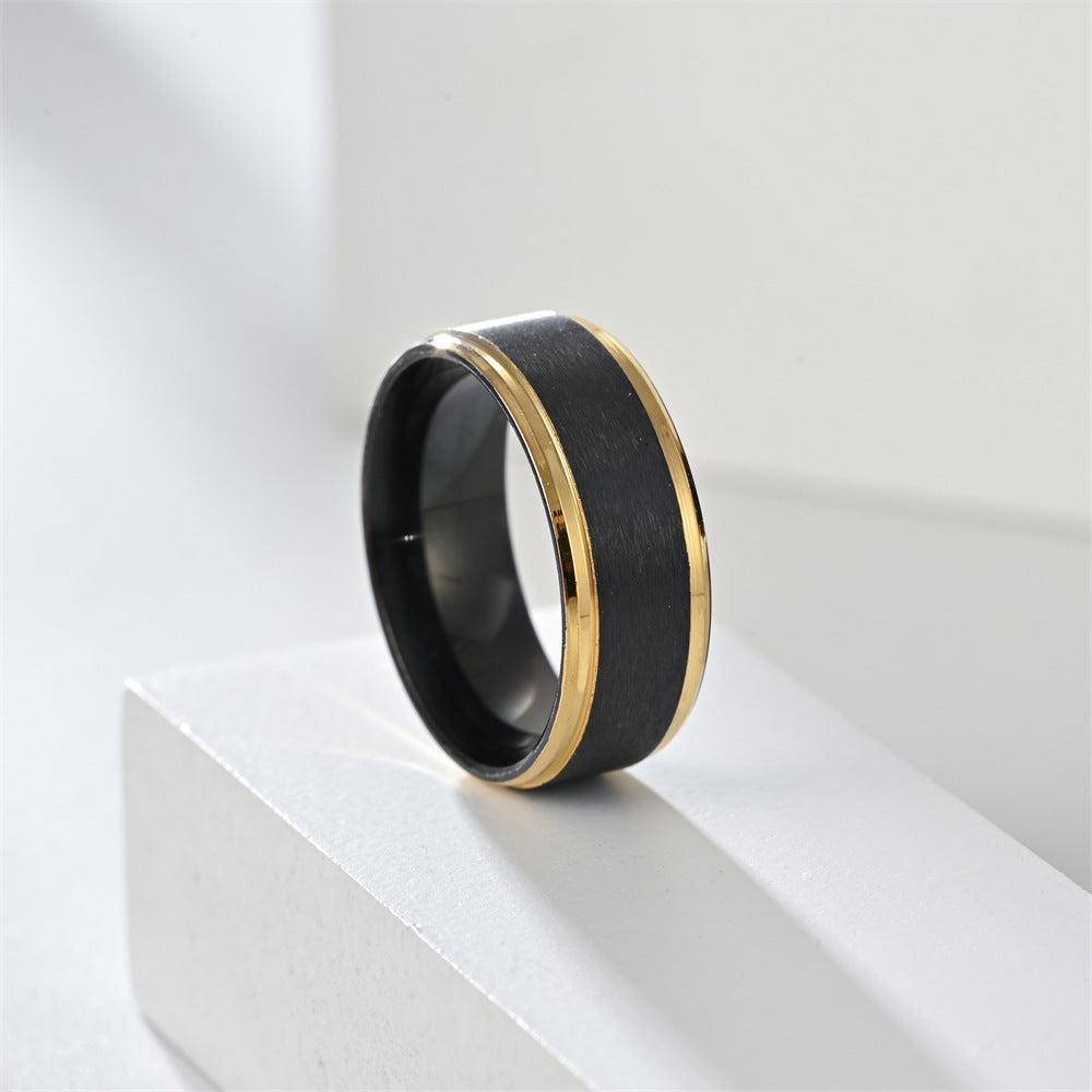 Fashion Black Beveled Steps Golden Two-tone Rings