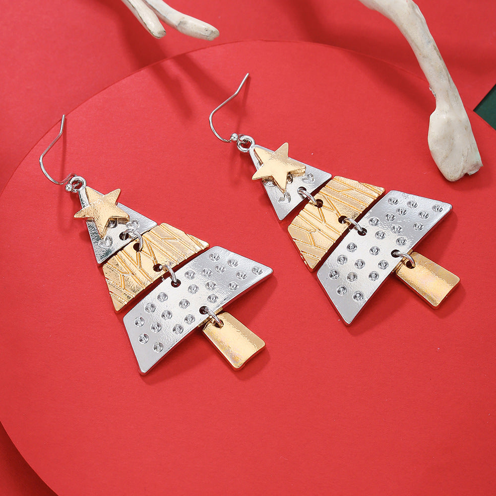 Handmade Exaggerated Big Christmas Tree Five-pointed Star Alloy Stitching Earrings
