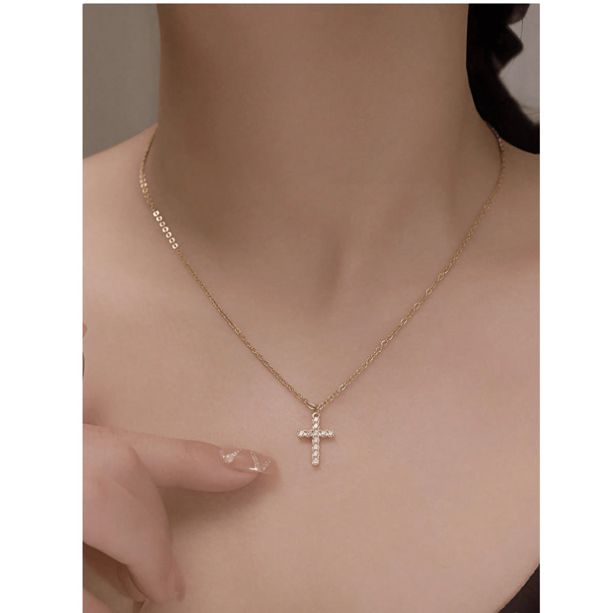 Women's Shiny Sier Diamond Cross For Hot Sweet Necklace