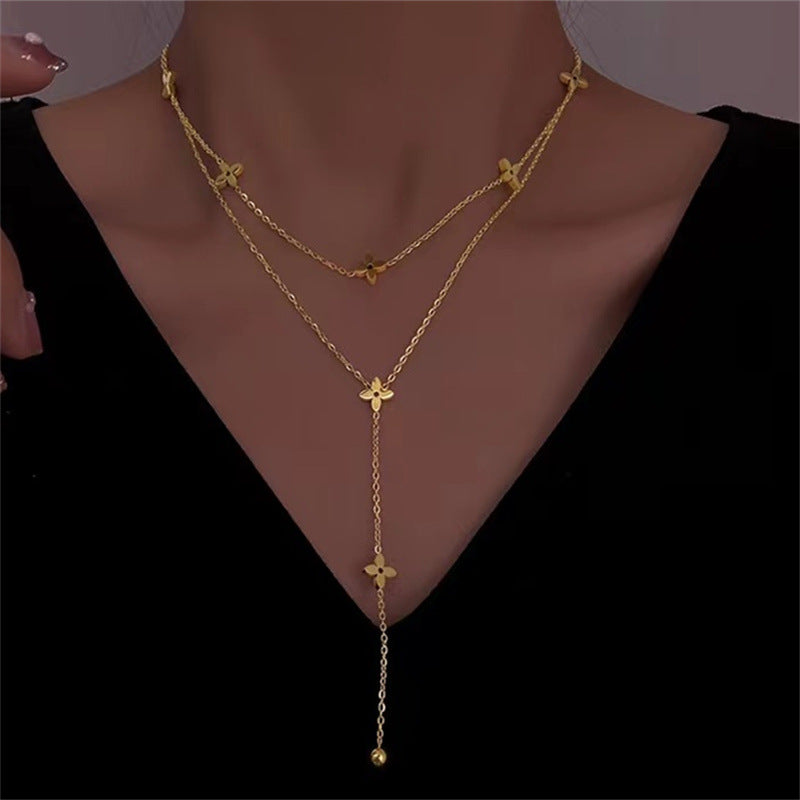 Steel Flower Tassel Chain Cruciate Clavicle Necklaces