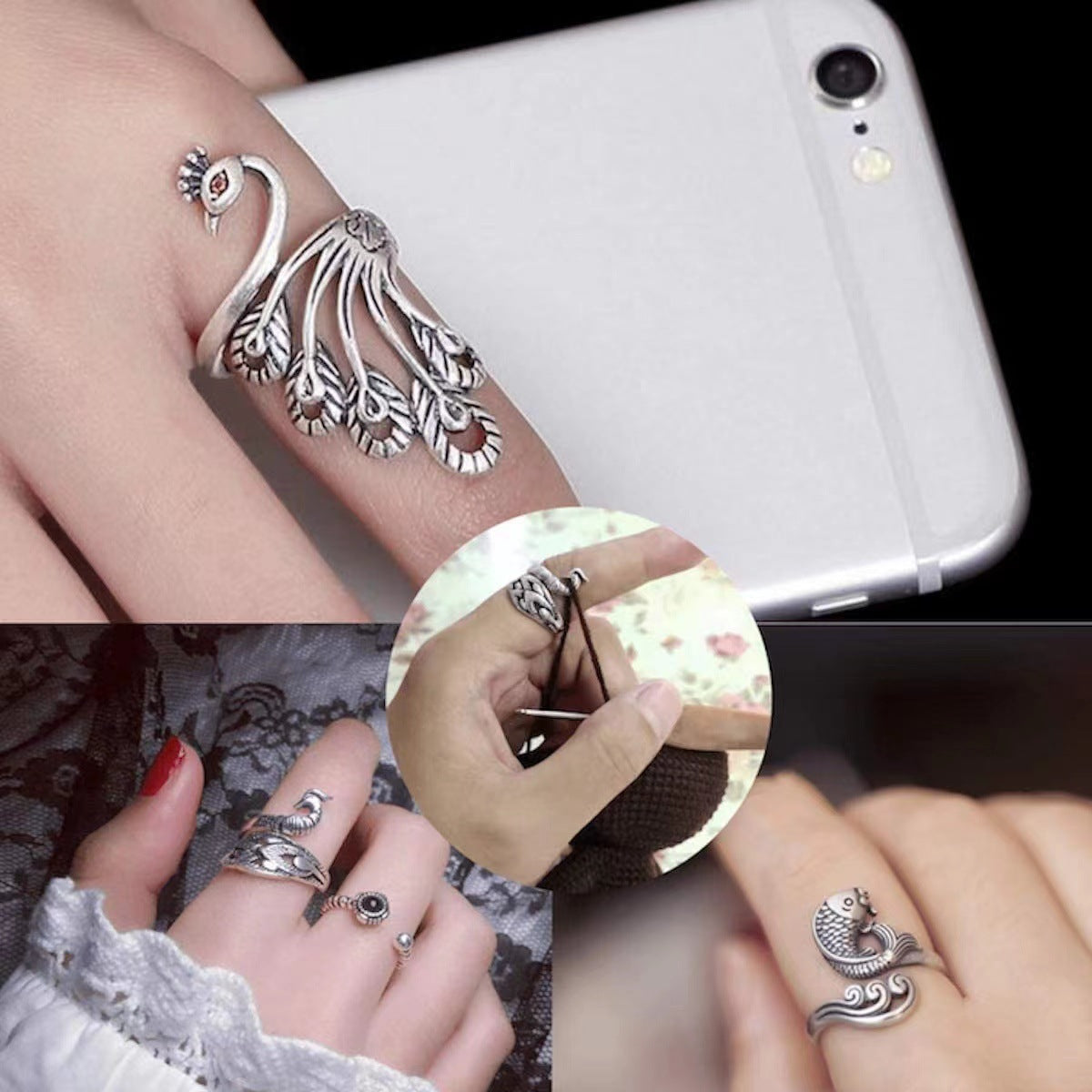 Vintage Crochet Peacock Adjustable Opening With Wire Rings