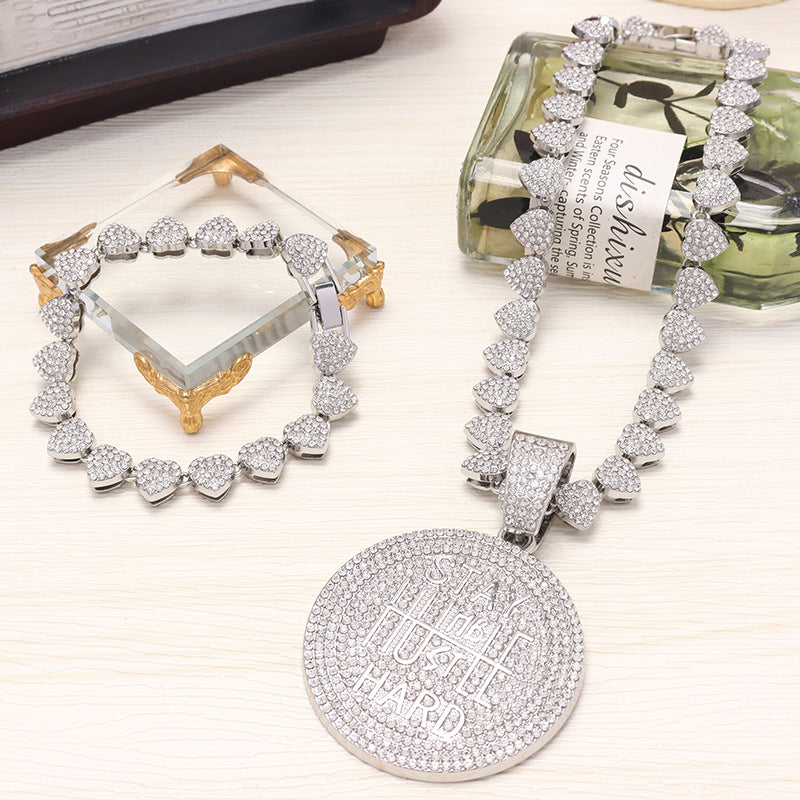 Men's Keep Strong Letter Round Plate Full Diamond Necklaces