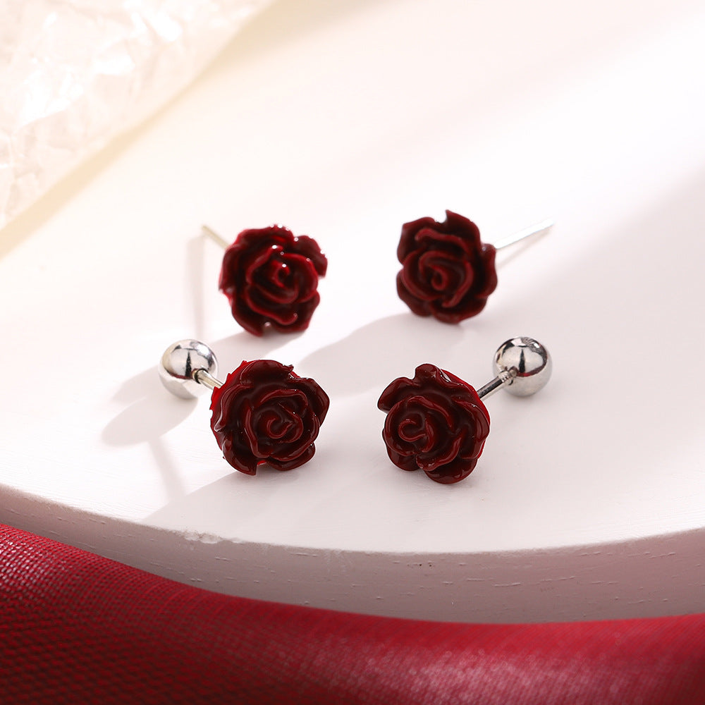 Cinnabar Red Rose Elegant National Style Bridal Little Earrings