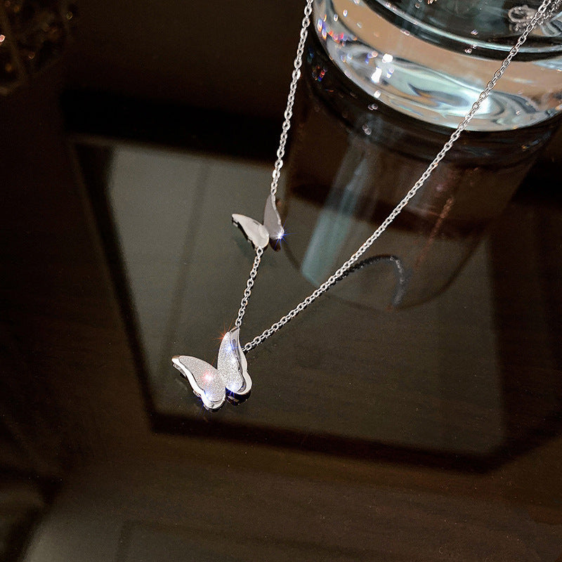 Women's Steel Clavicle Chain Fashionable Rose Gold Frosted Double Butterfly Necklaces