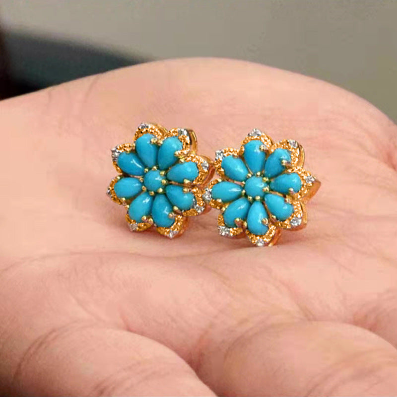 Vintage Turquoise Female Snowflake Diamond Antique Earrings