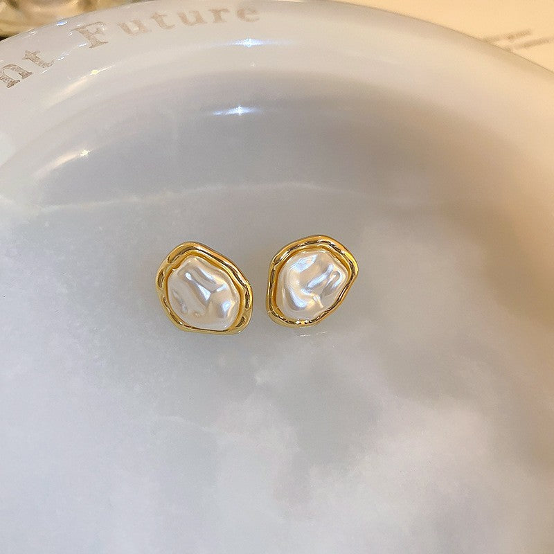 Women's Sier Needle Pearl Round Niche Elegant Earrings