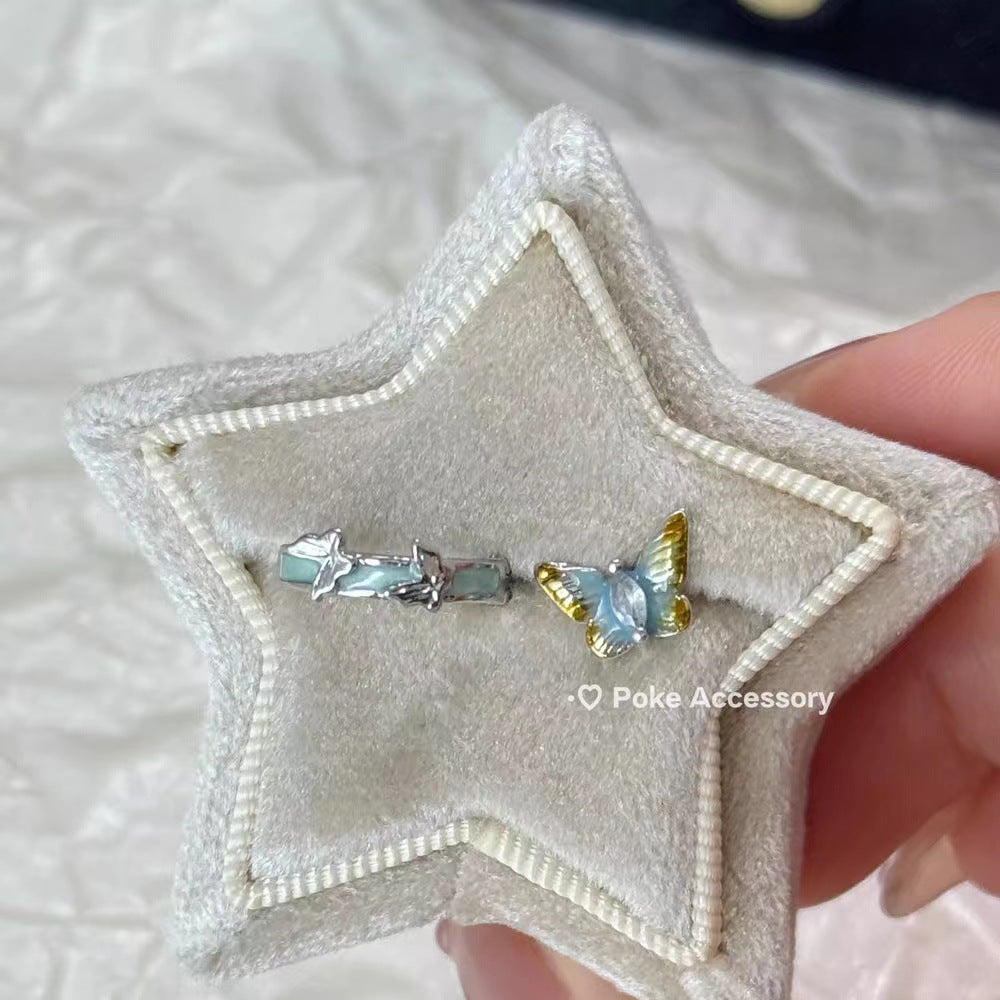 Kitten Cold Water Clear Butterfly Gradient Dripping Oil Earrings